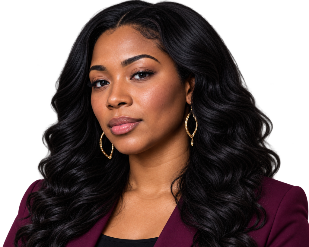 Confident woman with long black hair in professional attire