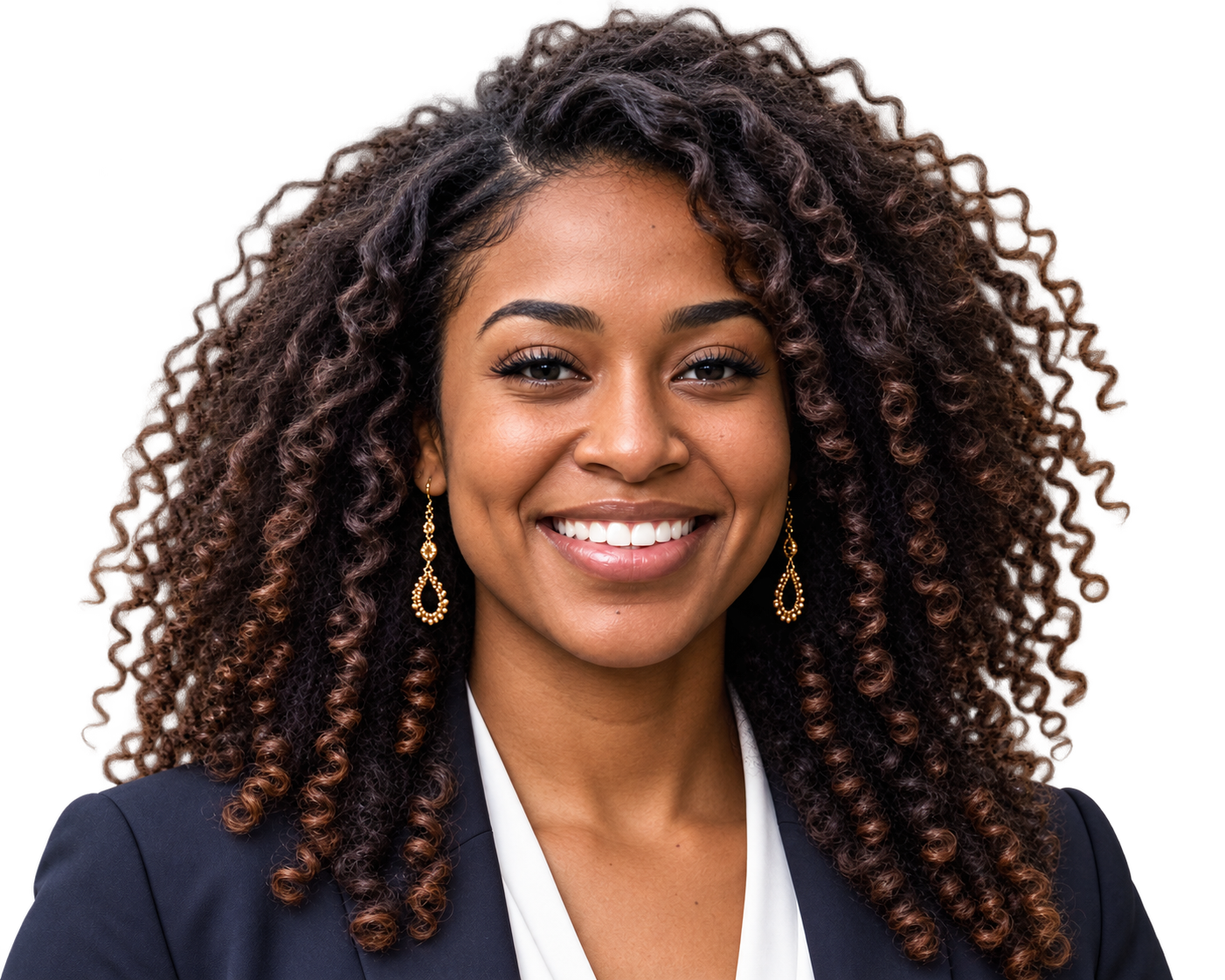 Woman looking at the camera, smiling with long curly hair wearing professional attire.